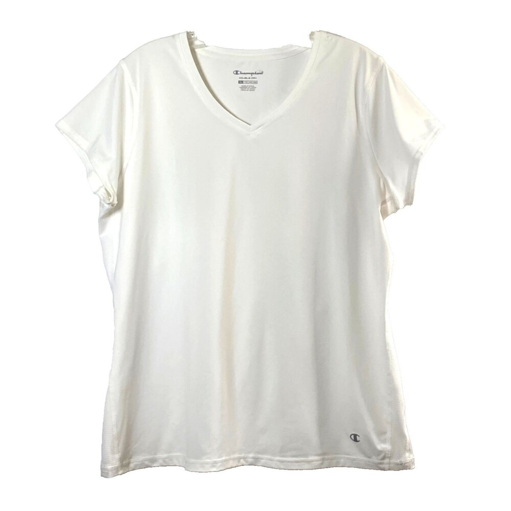 Champion Double Dry T-Shirt Womens Size XL White Side Mesh Panels V-Neck